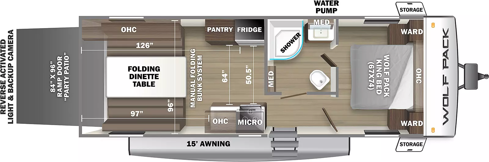 The 22GOLD13 has no slide outs and one entry door. Exterior features include a rear ramp door/ party patio, 15 foot awning on the door side and storage. Interior layout from front to back: front bedroom with Wolf Pack 67 by 74 foot facing king bed; side aisle pass through bathroom; off-door side pantry and refrigerator;  door side overhead cabinetry, overhead microwave, stove top and kitchen sink; cargo area with folding dinette table and manual folding bunk system. Cargo area dimensions are: 126 inches from the rear of the travel trailer to the refrigerator, 97 inches from the rear of the travel trailer to the door side countertop, 64" between the pantry and countertop, 50.5" between the refrigerator and the countertop and 96 inches from off-door side wall to the door side wall.