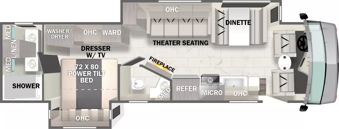 The 36D7 is a 1 1/2 bath, 2 slide out floorplan; 1 off-door full wall slide out and 1 door side slide out.  Interior front to back; Cab with table, passenger work station.  Off-door side full wall slide out; booth dinette, theater seating, overhead, pantry. Off-door side; wardrobe, dresser with overhead cabinet & TV, wardrobe optional washer / dryer.  Full master bath, linen, shower in rear of coach.  Door side;  kitchen with overhead, cooktop, microwave, 18 cu. ft. refrigerator, TV, mid-ship 1/2 bath.  Door side slide out with king bed and overhead.