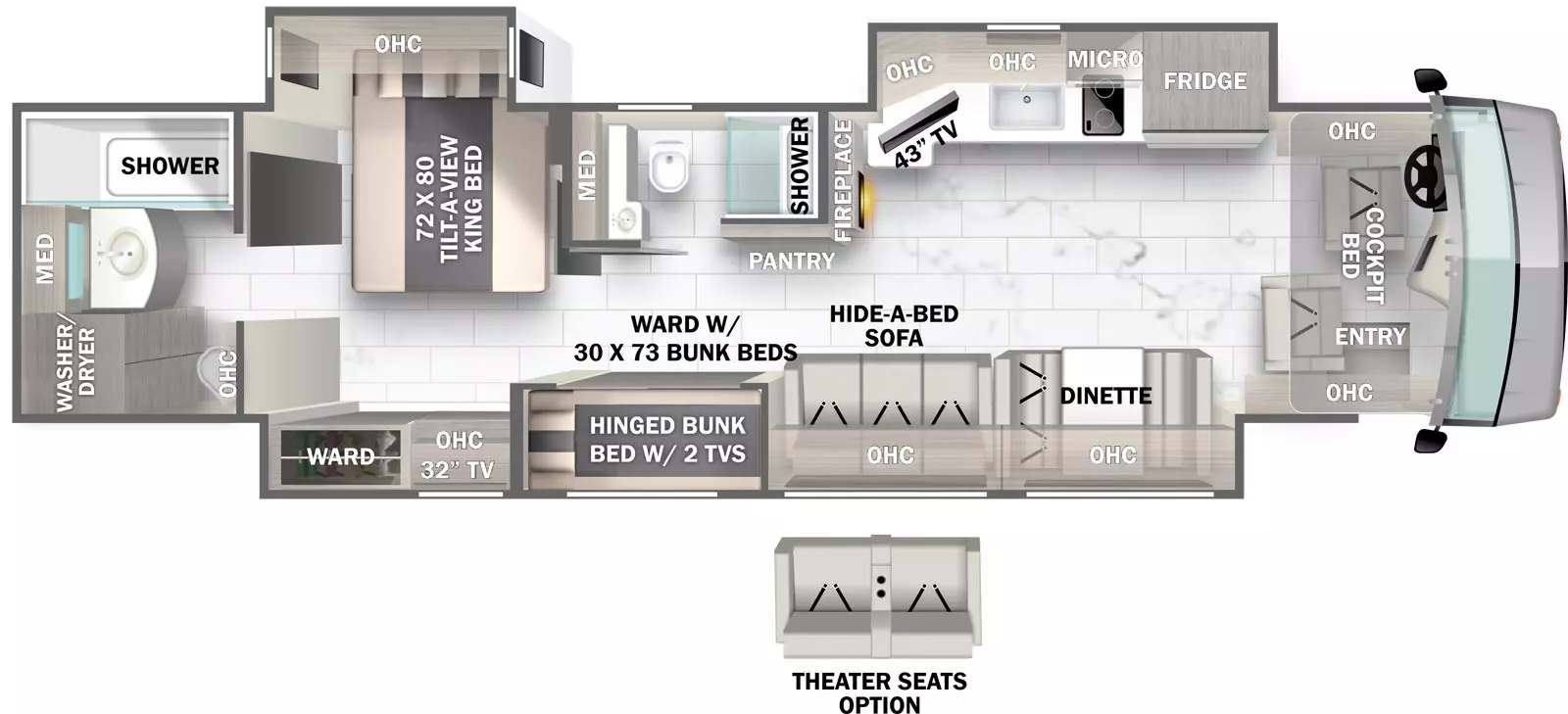 The 40F has three slide outs and one entry. Interior layout front to back: cockpit with entry, overhead cabinets, and cockpit bed; off-door side slideout with refrigerator, microwave over cooktop, kitchen counter with sink, overhead cabinet and TV; door side slideout with dinette, overhead cabinet, hide-a-bed sofa, wardrobe with hinged bunk beds with two TVs, and bedroom wardrobe with overhead cabinet and TV; off door side fireplace and pantry along inner wall; off-door side aisle full bathroom with medicine cabinet; off-door side slideout with tilt-a-view king bed and overhead cabinet; rear full bath with medicine cabinet, overhead cabinet, and washer/dryer prep. Optional theater seat available in place of hide-a-bed sofa.