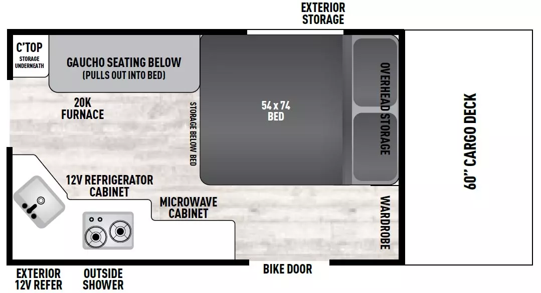 The V-Trec V4 has 0 slide outs and 1 entry at the rear. Exterior features include a bike door and outside shower on the camp door along with a 60 inch wide cargo deck in the front. Interior features from front to back include a foot facing 54 x 74 Bed along the road side wall, overhead cabinet over the head of the bed, wardrobe, camp side kitchen extending to the rear corner with a microwave, refrigerator, stovetop and single basin sink. There is a sofa and a stereo across from the kitchen on the road side.