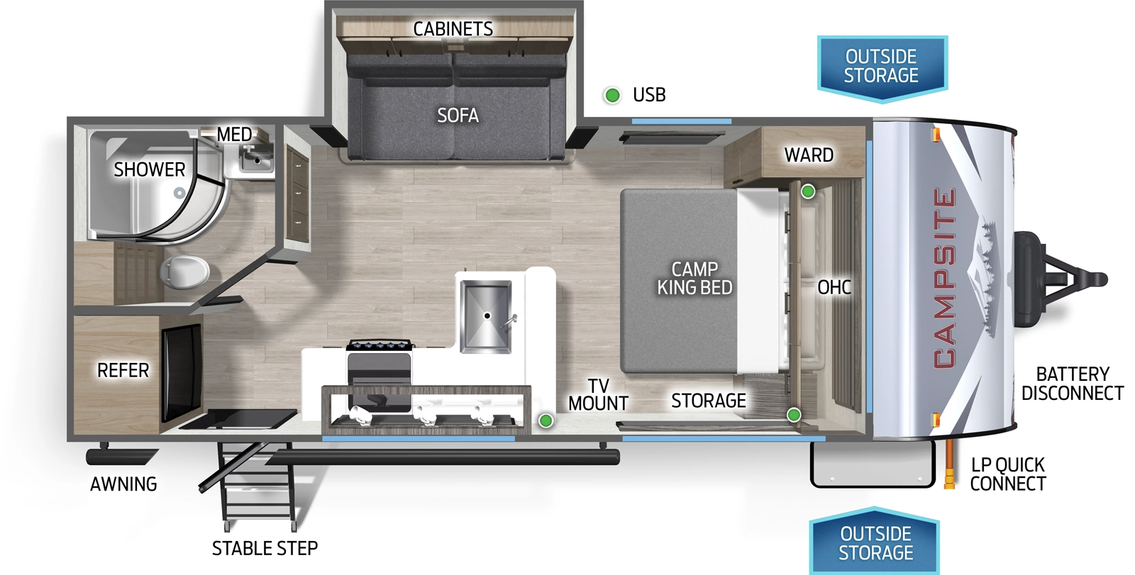 The Campsite Ultra 19KB floorplan has one entry and one slide out. Exterior features include: fiberglass exterior and 12' awning. Interiors features include: front bedroom.
